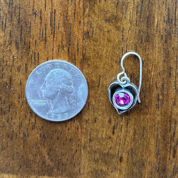 Patricia Locke Signed 2003 Silver Heart Dangle Earrings with a Pink Center Stone - Picture 4 of 4